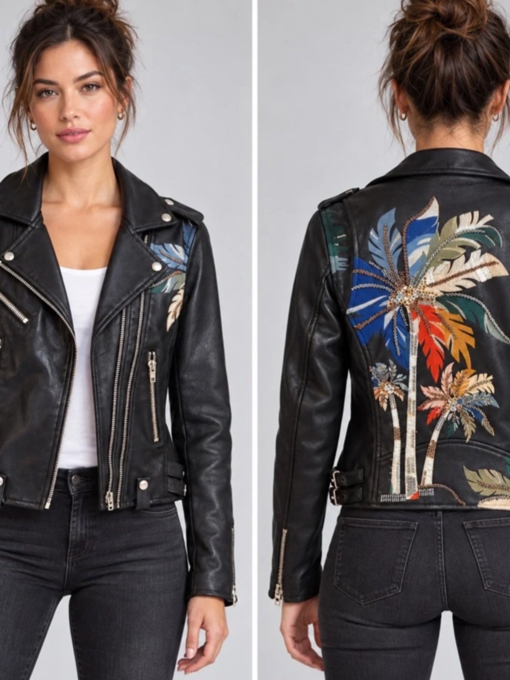 Blank NYC Moto Jacket Palm Breeze Black Buttery Faux Leather Embroidery